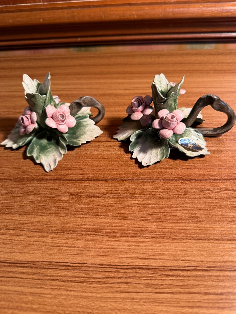 Vintage Capodimonte Italy Porcelain Pink Rose Candlestick Holders Pair